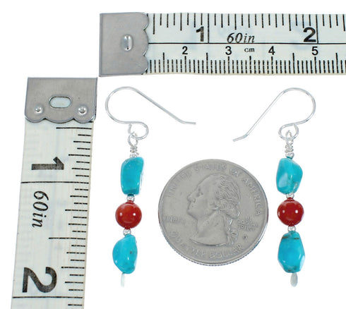 Navajo Turquoise And Coral Sterling Silver Bead Hook Dangle Earrings X11361