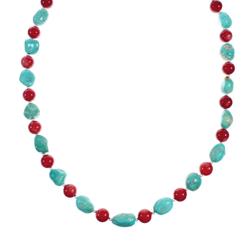 Navajo Sterling Silver Turquoise And Coral Bead Necklace X11357