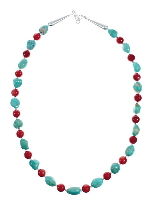 Navajo Sterling Silver Turquoise And Coral Bead Necklace X11357