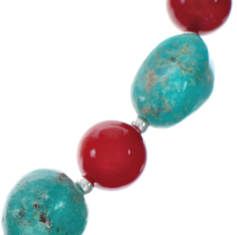 Navajo Sterling Silver Turquoise And Coral Bead Necklace X11357