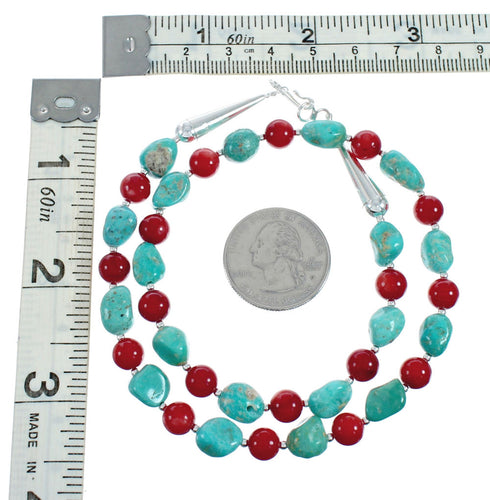 Navajo Sterling Silver Turquoise And Coral Bead Necklace X11357