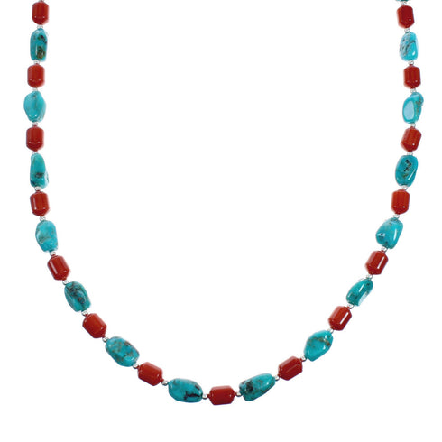 Navajo Sterling Silver Turquoise And Coral Bead Necklace X11356