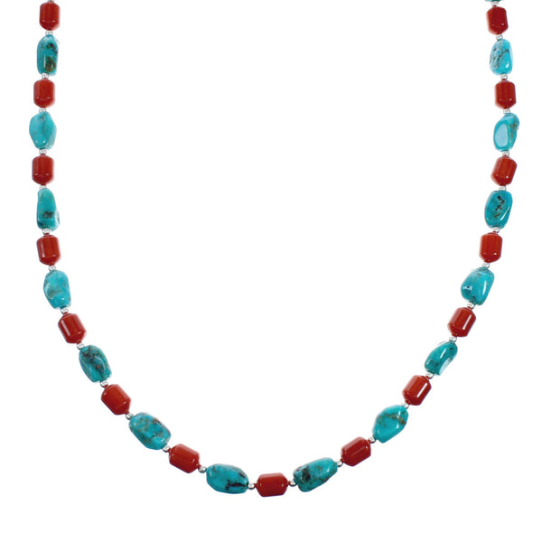 Navajo Sterling Silver Turquoise And Coral Bead Necklace X11356