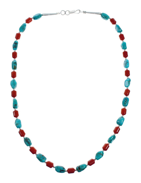 Navajo Sterling Silver Turquoise And Coral Bead Necklace X11356