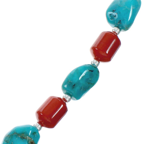 Navajo Sterling Silver Turquoise And Coral Bead Necklace X11356