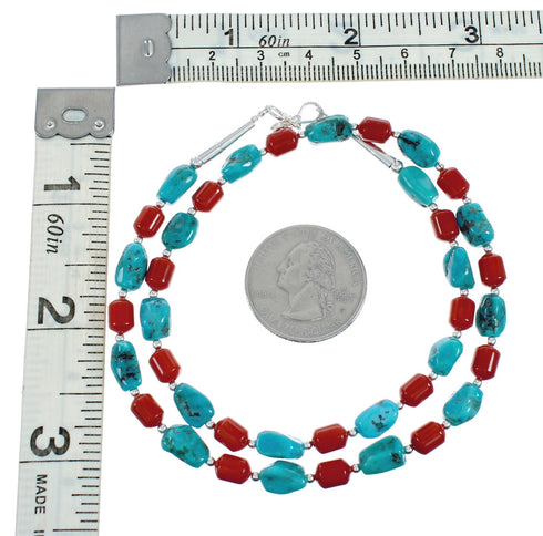 Navajo Sterling Silver Turquoise And Coral Bead Necklace X11356