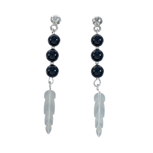 Sterling Silver Feather Onyx Bead Post Dangle Earrings X11442