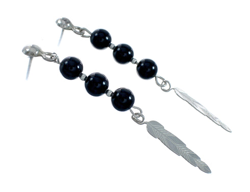 Sterling Silver Feather Onyx Bead Post Dangle Earrings X11442