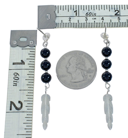 Sterling Silver Feather Onyx Bead Post Dangle Earrings X11442
