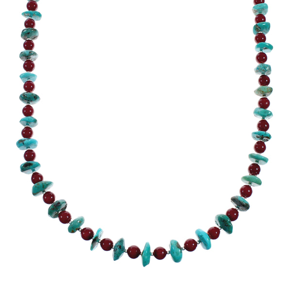 Navajo Sterling Silver Turquoise And Coral Bead Necklace X11434