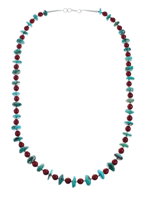 Navajo Sterling Silver Turquoise And Coral Bead Necklace X11434
