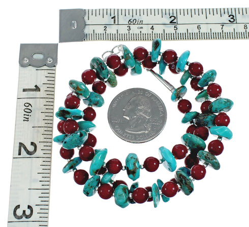Navajo Sterling Silver Turquoise And Coral Bead Necklace X11434