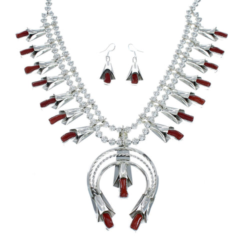 Navajo Coral Sterling Silver Squash Blossom Necklace Set NN20162