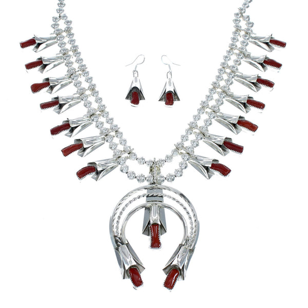 Navajo Coral Sterling Silver Squash Blossom Necklace Set NN20162