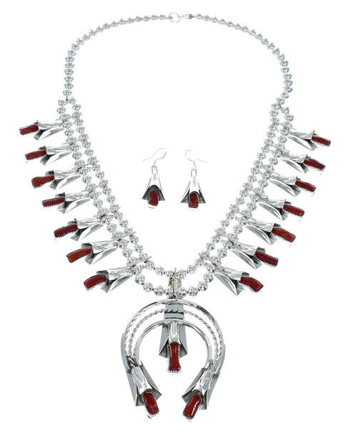 Navajo Coral Sterling Silver Squash Blossom Necklace Set NN20162