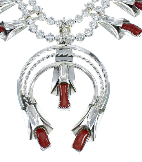 Navajo Coral Sterling Silver Squash Blossom Necklace Set NN20162