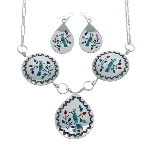 Navajo Multicolor Inlay Sterling Silver Blue Jay Link Necklace Earrings Set NN20167