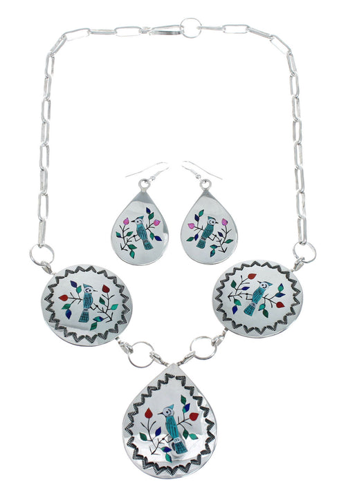 Navajo Multicolor Inlay Sterling Silver Blue Jay Link Necklace Earrings Set NN20167