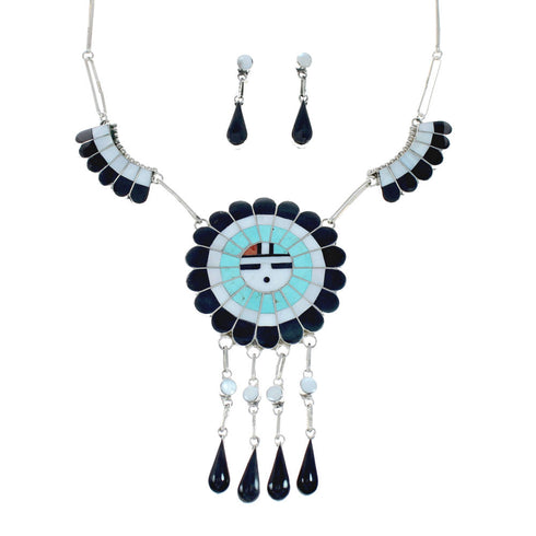 Zuni Sun and Flower Multicolor Multistone Inlay Necklace Signed J.D. Massie NN20166