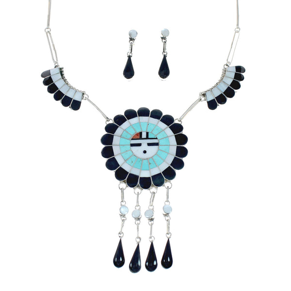 Zuni Sun and Flower Multicolor Multistone Inlay Necklace Signed J.D. Massie NN20166