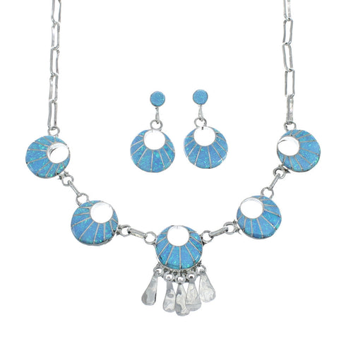 Sterling Silver Zuni Opal Inlay Necklace, Earrings Set – Signed LM NN20169