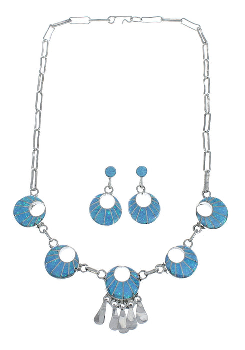 Sterling Silver Zuni Opal Inlay Necklace, Earrings Set – Signed LM NN20169