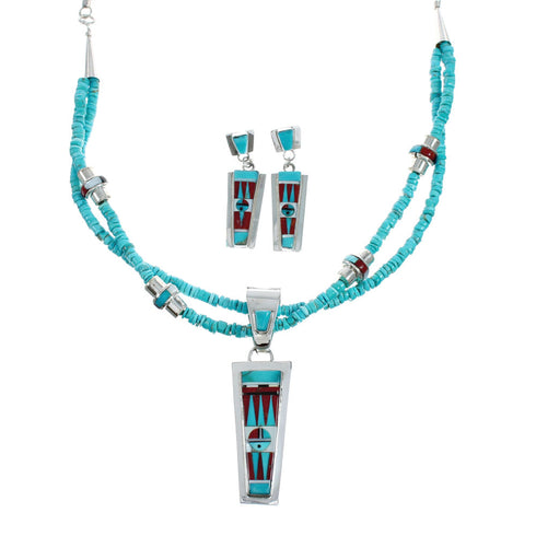 Zuni Indian Multicolor Sterling Silver 2-Strand Bead Necklace And Earrings Set NX11492