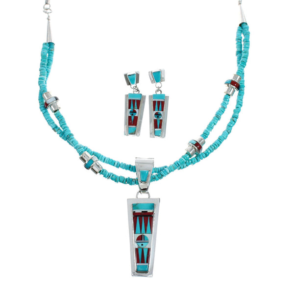 Zuni Indian Multicolor Sterling Silver 2-Strand Bead Necklace And Earrings Set NX11492