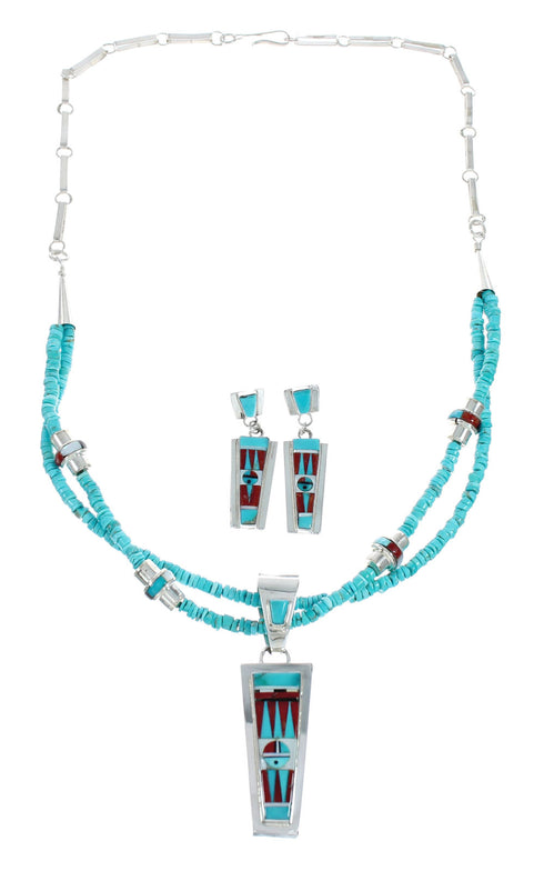 Zuni Indian Multicolor Sterling Silver 2-Strand Bead Necklace And Earrings Set NX11492