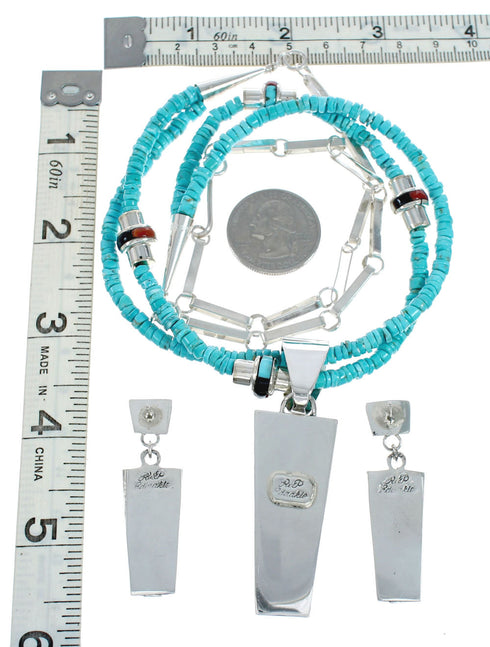 Zuni Indian Multicolor Sterling Silver 2-Strand Bead Necklace And Earrings Set NX11492