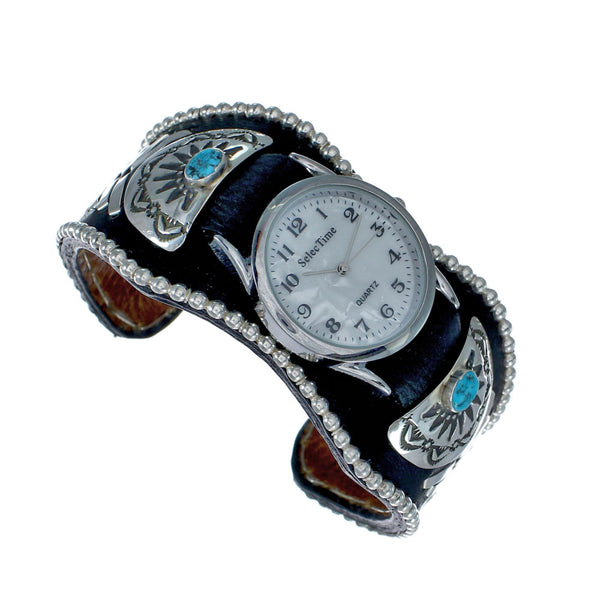 Navajo Turquoise Beaded Sterling Silver Leather Cuff Watch NN20297