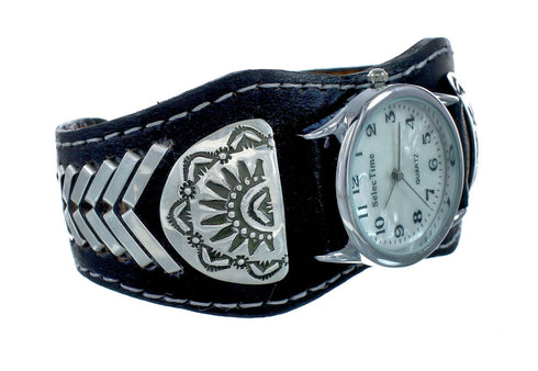 Navajo Indian Leather Sterling Silver Cuff Watch NN20300
