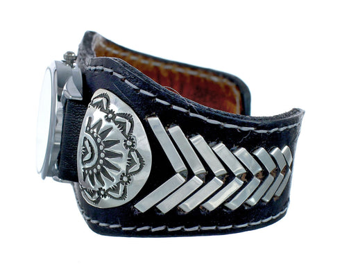 Navajo Indian Leather Sterling Silver Cuff Watch NN20300