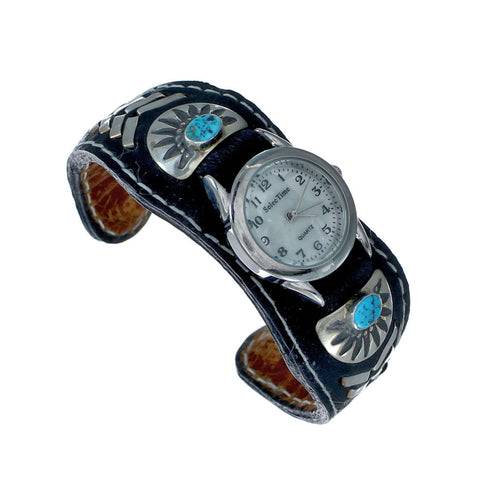 Navajo Turquoise Authentic Sterling Silver Leather Cuff Watch NN20296