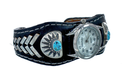 Navajo Turquoise Authentic Sterling Silver Leather Cuff Watch NN20296
