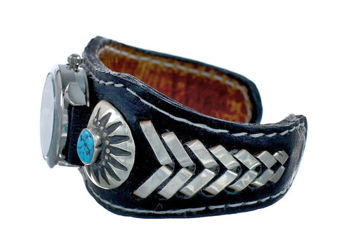 Navajo Turquoise Authentic Sterling Silver Leather Cuff Watch NN20296