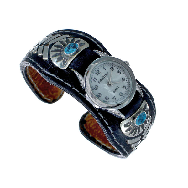 Navajo Turquoise Authentic Sterling Silver Leather Cuff Watch NN20295