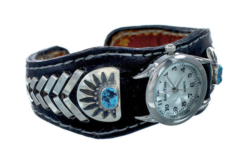 Navajo Turquoise Authentic Sterling Silver Leather Cuff Watch NN20295