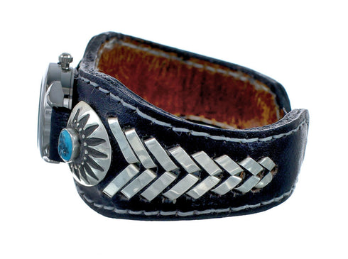 Navajo Turquoise Authentic Sterling Silver Leather Cuff Watch NN20295
