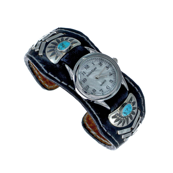 Navajo Turquoise Authentic Sterling Silver Leather Cuff Watch NN20302