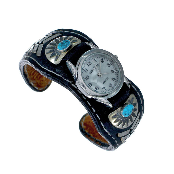 Navajo Turquoise Authentic Sterling Silver Leather Cuff Watch NN20303