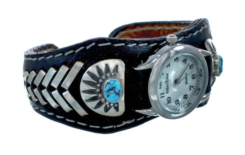 Navajo Turquoise Authentic Sterling Silver Leather Cuff Watch NN20301