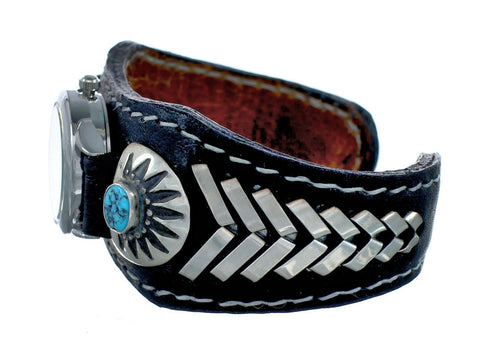 Navajo Turquoise Authentic Sterling Silver Leather Cuff Watch NN20301