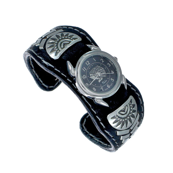 Navajo Chief Head Sterling Silver Leather Cuff Watch NN20304