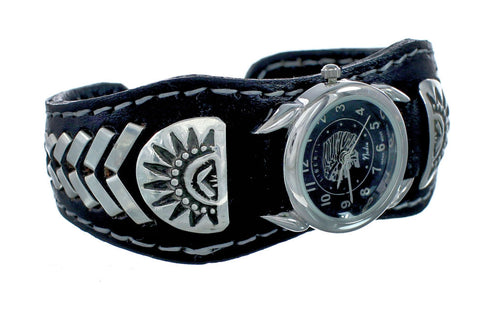 Navajo Chief Head Sterling Silver Leather Cuff Watch NN20304