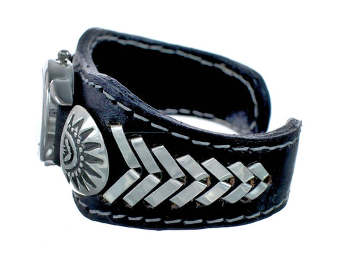 Navajo Chief Head Sterling Silver Leather Cuff Watch NN20304