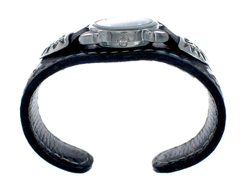 Navajo Chief Head Sterling Silver Leather Cuff Watch NN20304