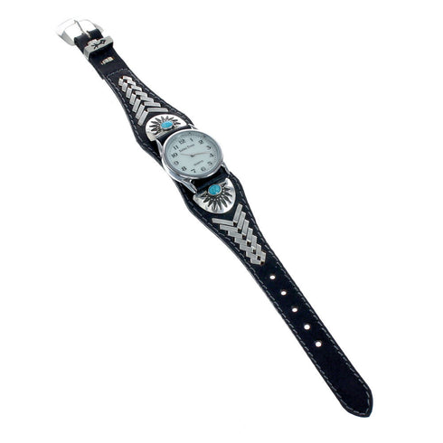 Navajo Turquoise Leather Sterling Silver Watch NN20299