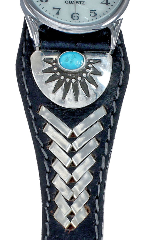 Navajo Turquoise Leather Sterling Silver Watch NN20299