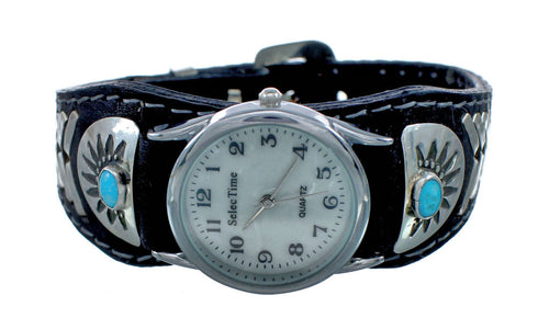 Navajo Turquoise Leather Sterling Silver Watch NN20299